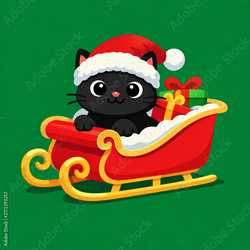 Black cat in red sleigh wearing  Santa hat sits beside green gift box on solid green background. Festive Christmas illustration, holiday cards and cheerful seasonal designs.