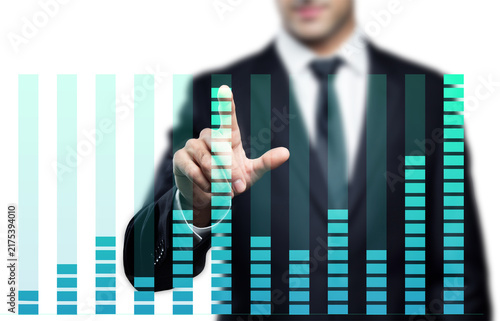 Businessman Touching Equalizer Digital Graph, Data Analytics and Financial Performance Concept Isolated on Transparent Background