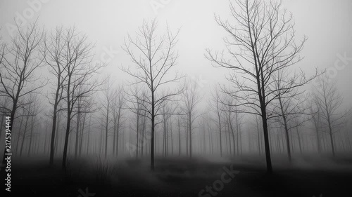 A seamless pattern spooky bare trees in dense fog forest landscape