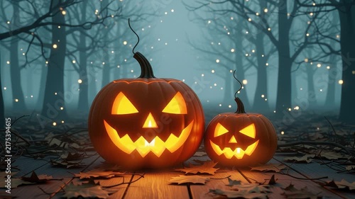 A seamless pattern two glowing jackolanterns in a misty haunted forest