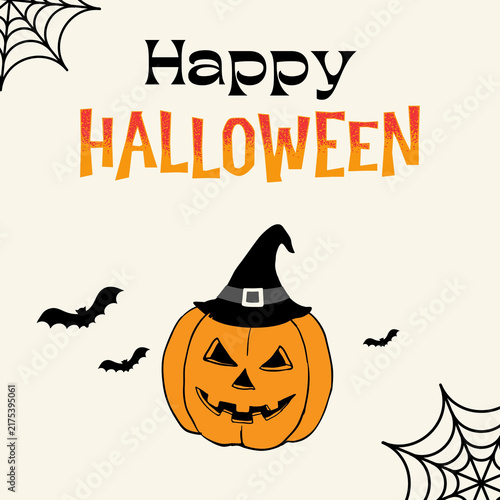 Happy halloween typographic design featuring a pumpkin bats and spiderweb on a cream colored background for festive autumn celebrations