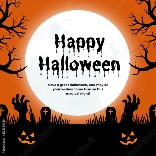 Festive halloween greeting card with dripping text and spooky graveyard scene against a bright orange and white background