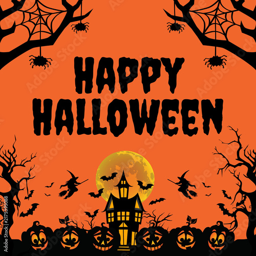 Happy halloween lettering with spooky haunted house silhouette bats spiderwebs and jackolanterns on a vibrant orange background