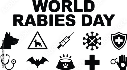 World Rabies Day icon set, black veterinary medical symbols, 10 rabies prevention vector elements for pet health awareness