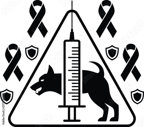 Rabies vaccination vector icon, dog health awareness symbol with syringe and ribbons, veterinary medicine safety graphic