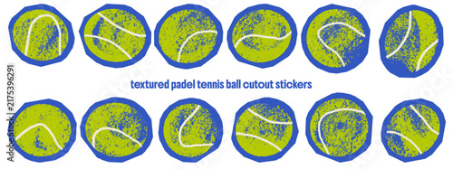 Ball and tennis cutout set of green circles with angular blue borders. Applique frames surround grungy padel tennis shapes. Textured vector ball stickers for scrapbook layout or sporty collage layout.
