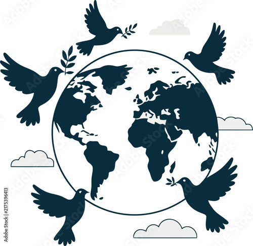 Global peace vector illustration, world map globe with flying white doves and olive branches, international unity concept