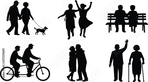 Senior couple silhouettes set, elderly people active lifestyle vector icons, retired man and woman enjoying outdoor leisure activities