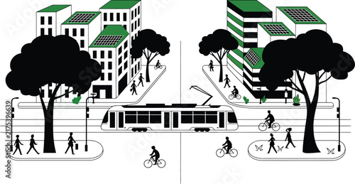 Sustainable green city vector illustration, eco-friendly urban landscape with tram and bicycles, modern smart city infrastructure