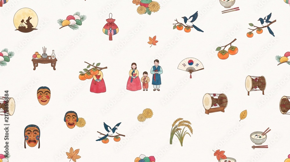 Obraz premium Minimalist Korean Traditional Holiday Chuseok and Seollal Seamless Pattern Background