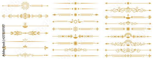Obraz na płótnie Diwali festival gold line dividers with traditional oil lamps and diya decorative accents