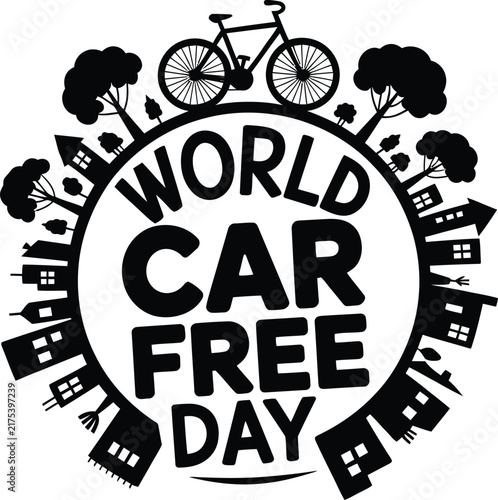 World Car Free Day vector emblem, eco-friendly city silhouette with bicycle, black and white environmental awareness logo