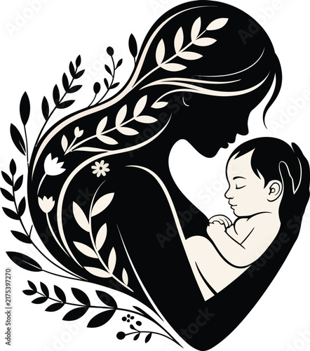 Minimalist mother and baby silhouette vector, elegant floral motherhood illustration, black and white maternal love graphic for greeting cards