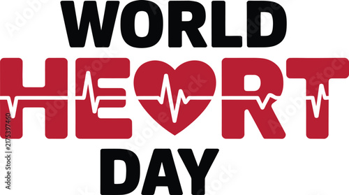 World Heart Day vector typography, red heart icon with heartbeat line, cardiovascular health awareness logo for medical campaigns