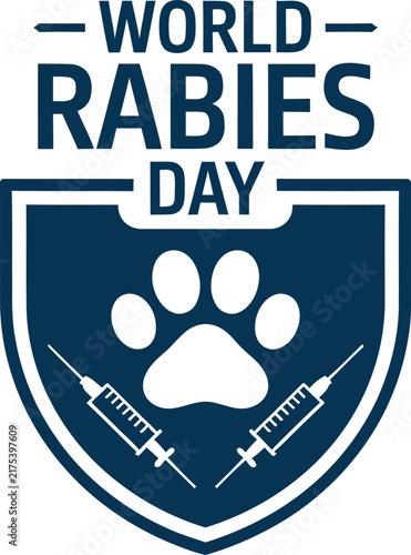 World Rabies Day vector emblem, animal vaccination shield icon with paw print and syringes, veterinary health awareness graphic