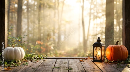 White and orange pumpkins on a weathered wooden porch with a glowing black lantern, overlooking a sunlit autumn forest background