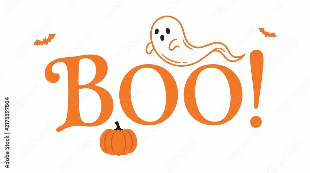 Fototapeta premium Orange halloween ghost saying boo with pumpkin