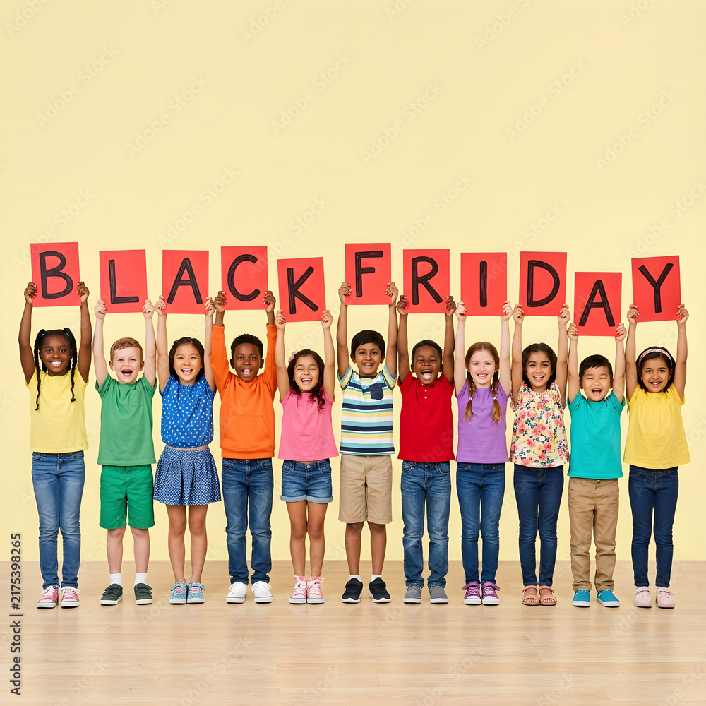 Obraz premium Joyful Diverse Children Announcing Black Friday Shopping Season