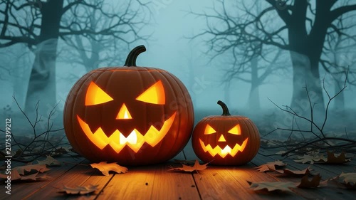 A seamless pattern two glowing jackolanterns in a misty forest at night