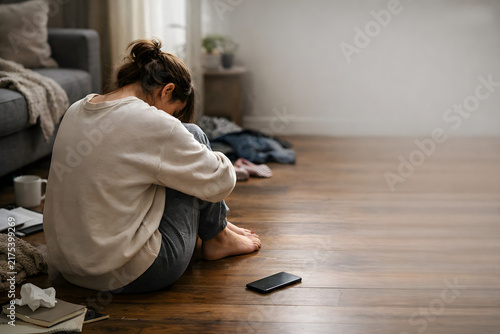 Authentic young woman sitting on floor in cozy living room back to camera looking down, emotional vulnerability candid moment