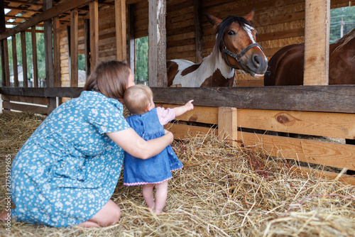 A mother with a child in a blue dress looking at a horse behind a wooden fence