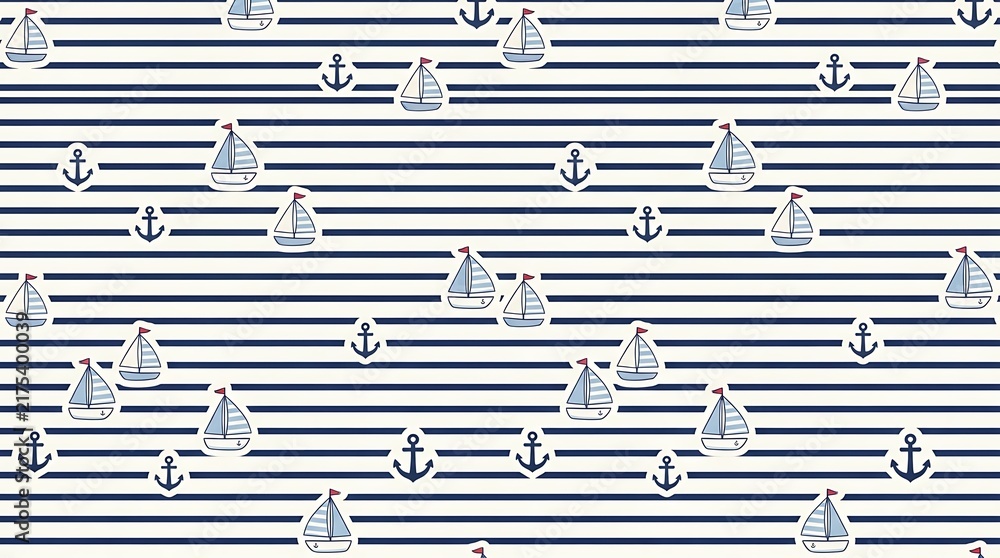 Nautical stripes pattern background with blue anchors and sailing boats icons for marine themed nursery decor or summer holiday design.