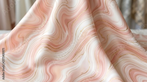 Pink marble fluid silk fabric shows rose gold veins and liquid swirls for elegant wedding stationary backdrops or luxury product branding.