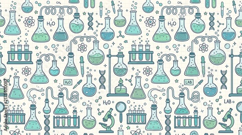 Science lab equipment seamless pattern displays glass flasks beakers and microscopes for chemistry education and laboratory research designs.