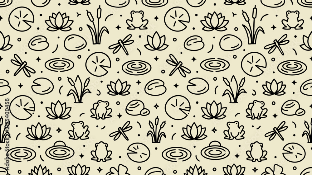 Obraz premium Seamless pattern with pond life elements, including frogs, lotus flowers, lily pads, dragonflies, and cattails in a minimalist black line art style on a beige background.