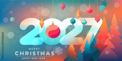Modern 2027 New Year and Merry Christmas greeting card background with colorful gradient numbers, hanging baubles and abstract pine forest. Vector illustration