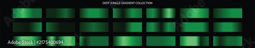 Deep emerald green gradient collection, 21 metallic forest green swatches for vector design. Luxury dark green color palette, premium satin texture gradients for UI and branding.
