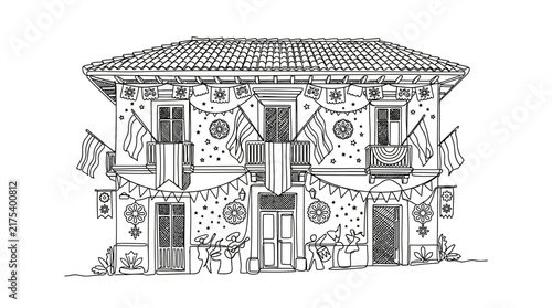 Hand Drawn Sketch of a Festive Colonial Building with Traditional Decorations and Musicians