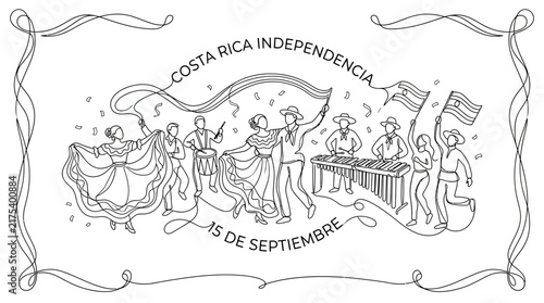 Costa Rica Independence Day Celebration with Traditional Dancers and Musicians in One Line Art Style