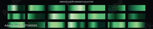Emerald luxury gradient collection with 21 green metallic swatches. Premium emerald green gradients for jewelry branding. Elegant forest green palette for graphic design.