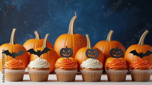 A seamless pattern halloween cupcakes with pumpkin background