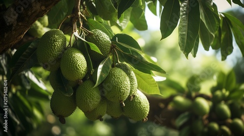 A photo of a soursop tree with spiky green fruit