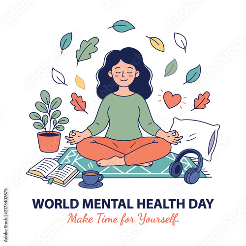 World Mental Health Day Meditation and Self-Care Vector Illustration