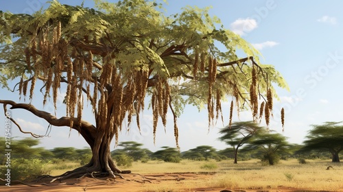A photo of a tamarind tree with long pods