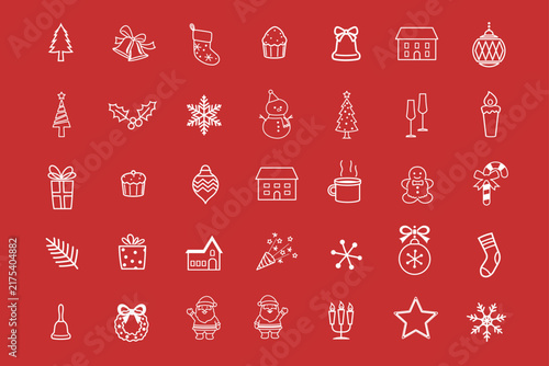Christmas and Winter Holiday White Line Icons Set on Red Background
