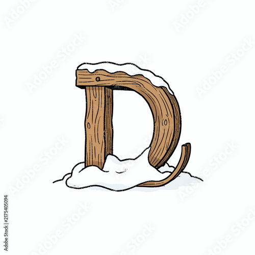 Wooden Letter D Winter Snow Illustration.