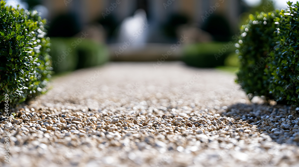 Obraz premium Low angle view of a decorative gravel path in a formal garden landscape with manicured boxwood shrubs Buxus semoervirens and a fount
