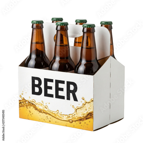 Six pack of brown beer bottles in a cardboard carrier isolated on transparent background