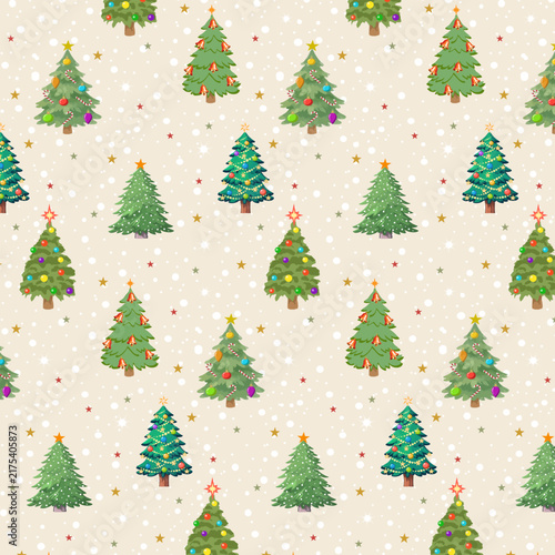 Green Christmas trees with New Year's toys.Vector seamless pattern of Christmas trees with toys on a colored background with decor.
