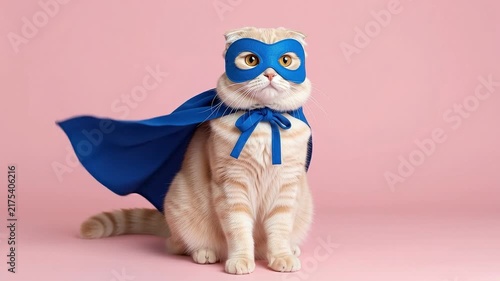 A seamless pattern cute superhero cat wearing blue mask and cape