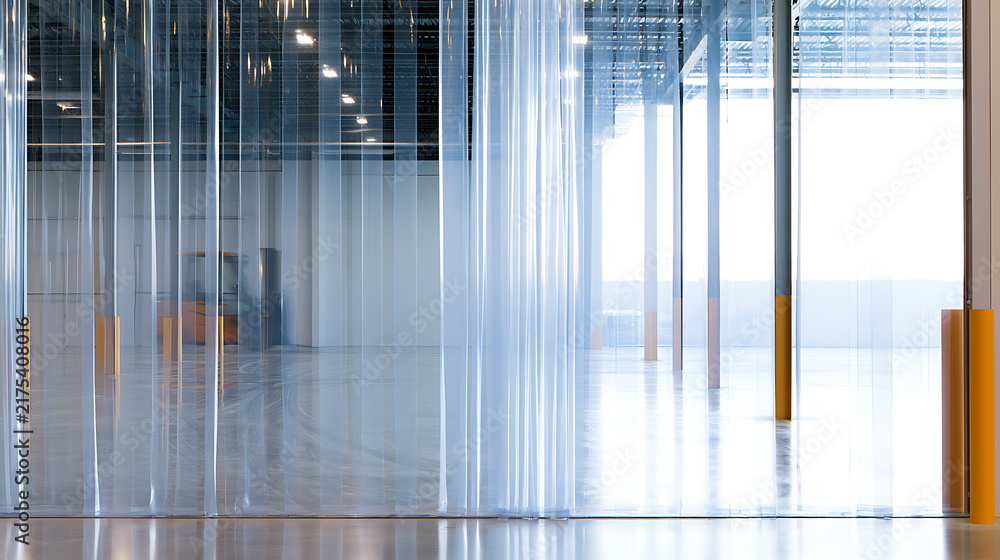 Naklejka premium Industrial warehouse interior featuring transparent plastic strip curtain dividers and support pillars inside a modern distribution facility