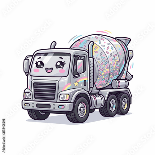 Cute Kawaii Concrete Mixer Truck with Candy Sprinkles Cartoon Vector Illustration