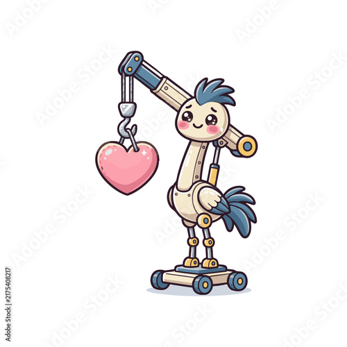 Whimsical Cartoon Crane Bird Hybrid Lifting Pink Heart Vector Illustration