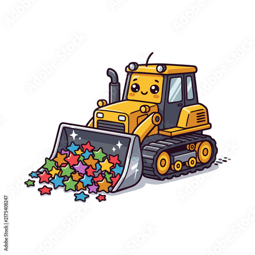 Cute Cartoon Yellow Front Loader Tractor Scooping Colorful Rainbow Stars Vector Illustration