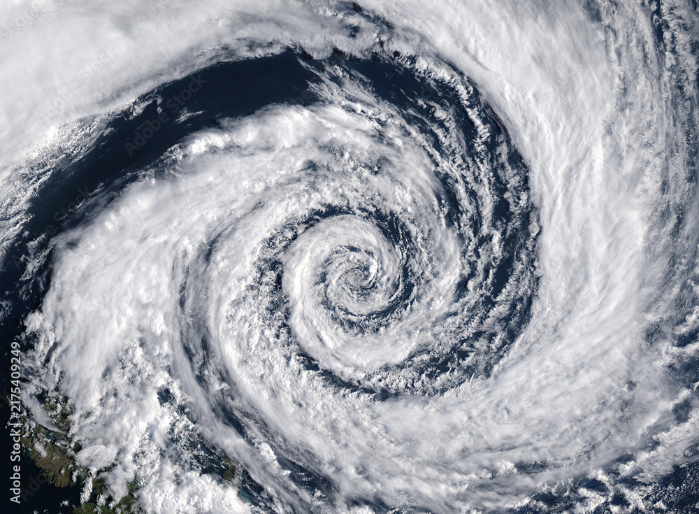Obraz premium Typhoon, tropical storm, cyclone, hurricane, tornado, over ocean. Weather background. Typhoon, storm, windstorm, superstorm, gale moves to the ground. Elements of this image furnished by NASA.
