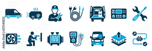 Set of blue two-tone icons representing HVAC repair services, including a technician, service van, tools, heater, fan, and diagnostic equipment for maintenance and installation concepts